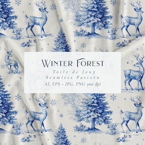 May include: A seamless toile de Jouy pattern depicting a winter forest scene with deer and trees in blue on a cream backdrop. The design includes snowflakes and the text "Winter Forest".