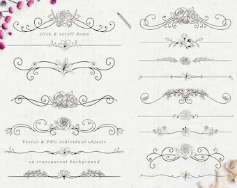 Flourish Text Divider Cricut Vector files. SVG, EPS, PNG. Swirls Borders decorated, hand drawn delicate flowers, branches, leaves, blossom