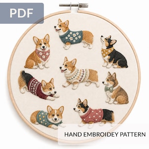 Può includere: Un telaio da ricamo circolare in legno contenente un pannello in tessuto con otto cani Corgi ricamati a mano, che indossano vari maglioni e bandane. Il testo PDF e HAND EMBROIDERY PATTERN sono visibili. I cani sono marroni, neri e bianchi.