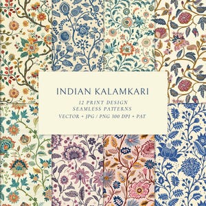 May include: A set of 12 digital seamless patterns featuring Indian kalamkari designs. The patterns are in a variety of colors, including blue, green, pink, and yellow. The patterns are perfect for use in fabric, wallpaper, and other design projects. "INDIAN KALAMKARI 12 PRINT DESIGN SEAMLESS PATTERNS VECTOR + JPG / PNG 300 DPI + PAT"