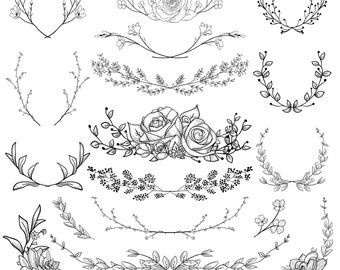 Geometric vector floral wreaths. SVG, EPS, PNG. Round, oval, Borders decorated with hand drawn herbs, flowers, branches, leaves, blossom.