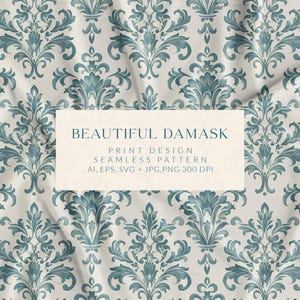Könnte beinhalten: Ein nahtloses Muster mit einem Damast-Design in Blautönen und Weiß. Das Muster befindet sich auf einem weißen Hintergrund und hat eine subtile Textur. Der Text "BEAUTIFUL DAMASK" wird in einem weißen Rechteck am unteren Rand des Bildes angezeigt. Der Text "PRINT DESIGN SEAMLESS PATTERN AI, EPS, SVG JPG, PNG 300 DPI" wird in einem weißen Rechteck unter dem ersten Text angezeigt.