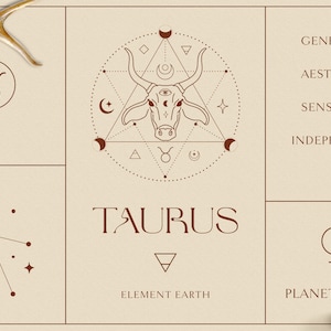 Taurus Zodiac Sign Logo Branding Design Kit. Premade Mystic Astrology Illustration. Horoscope, Cosmic, Line Art, Nature, Spiritual, Magical