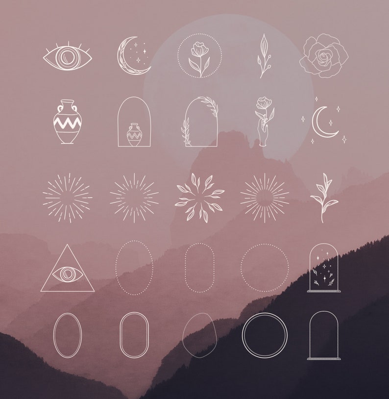 White Logo Elements, Frames, Sunbursts. Logo Design Elements. Decorative Icons. Sacred, Cosmos, Spirit, Spiritual. Crescent And Stars. image 1