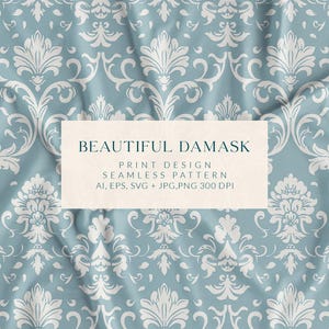 Könnte beinhalten: Ein nahtloses Muster mit einem weißen Damast-Design auf hellblauem Hintergrund. Das Muster ist filigran und elegant mit einem sich wiederholenden Motiv aus stilisierten Blumen und Blättern. Der Text "BEAUTIFUL DAMASK" wird in einem weißen Rechteck am unteren Rand des Bildes angezeigt. Der Text "PRINT DESIGN SEAMLESS PATTERN AI, EPS, SVG + JPG, PNG 300 DPI" wird unter dem Titel angezeigt.