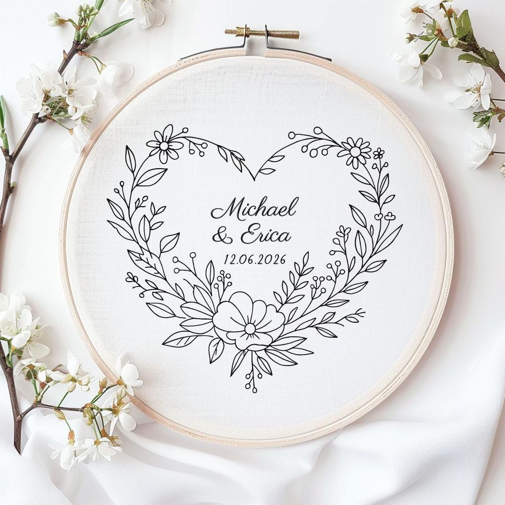 Personalized Wedding Embroidery Pattern PDF Heart Floral Wreath Custom ...