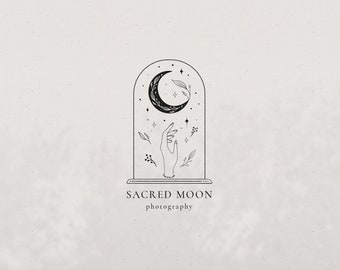 Premade Moon Brand Logo Design for Blog or Small Business, Line Art Nature Floral Logo Branding, Feminine Logo with hand, hand drawn