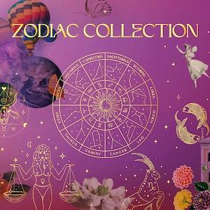 Zodiac Signs and Horoscope Design Kits: Golden & Purple Premade Logo Designs, Seamless Patterns, Vector, and Mystic Line Art Elements Await!
