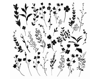 May include: A collection of black and white silhouette illustrations of various flowers and leaves. The illustrations are simple and elegant, and would be perfect for use in a variety of creative projects.