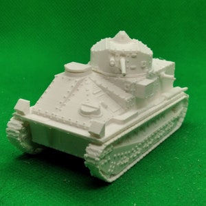 May include: A white plastic model of a tank with a turret and tracks. The tank has a detailed design with rivets and other features.