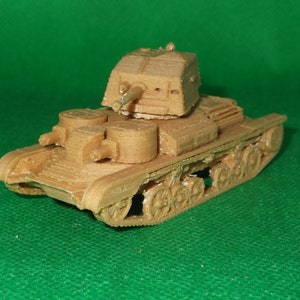 May include: A brown plastic model of a tank with a turret and a cannon. The tank has tracks and wheels.