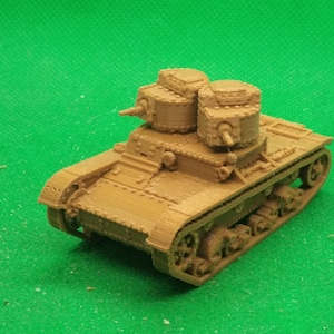 May include: A brown plastic model of a tank with two turrets. The tank has a detailed design with tracks and wheels.