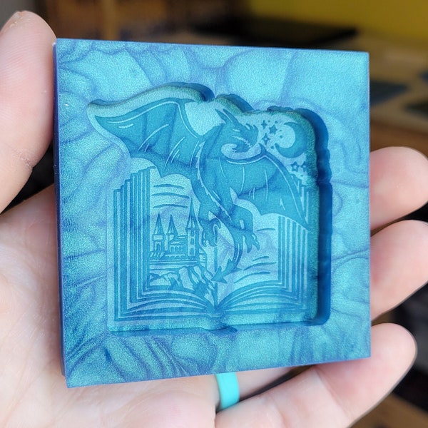 2 inch, dragon mold, book mold, reading mold, dragon and book mold, magnet mold, keychain mold, silicone mold, mystical mold, librarian mold