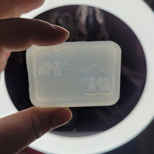 May include: A rectangular, translucent silicone mould featuring two recessed bear-shaped cavities. Each bear silhouette is intricately detailed with an internal floral pattern, including various flowers and stems etched into the base of the mould.