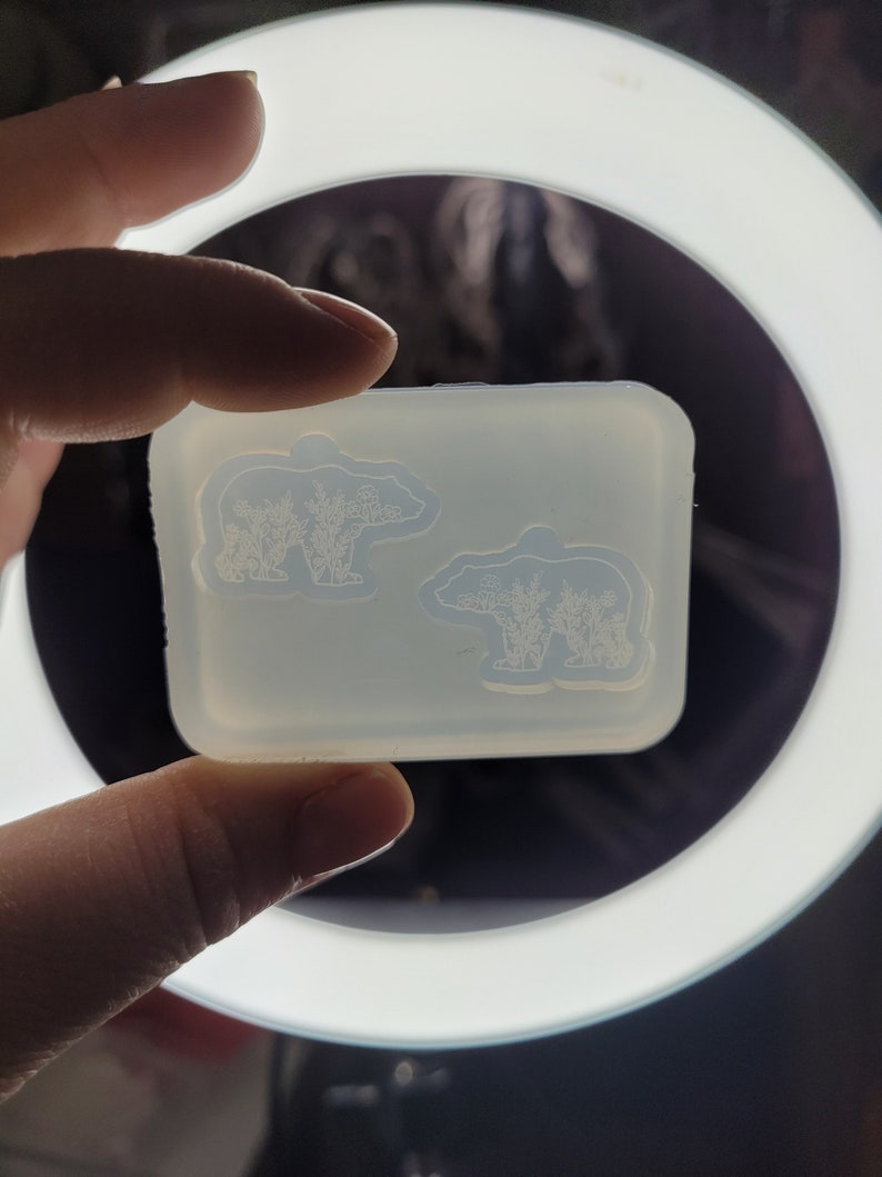 May include: A rectangular, translucent silicone mould featuring two recessed bear-shaped cavities. Each bear silhouette is intricately detailed with an internal floral pattern, including various flowers and stems etched into the base of the mould.