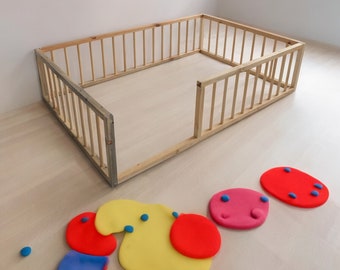 Montessori-Holzbodenbett – Twin-Size-Bettgestell für Kleinkinder, sicheres niedriges Plattformbett für Kinderzimmerdekoration, Montessori-Plattformbett mit Schienen.