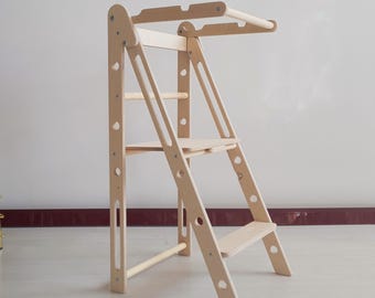 Folding Helper Stool for Kitchen, Foldable Tower, Adjustable Height Learning Stool, Toddler Step Stool, Montessori Tower for Kitchen. YKKIDS