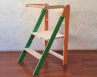 Colored Folding Helper Tower, Kitchen Learning Stool, Montessori Tower, Adjustable Kitchen Step Stool, Toddler Tower, Premium Helper Tower