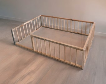 Solid Wood Montessori Twin Bed - Floor Frame with Rails, Accessible Sleep Solution for Children, Wooden Bed Frame, Wooden Platform Bed