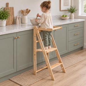 May include: A light-colored wooden learning tower with a foldable design, featuring a platform for standing, side support rails, and a series of circular cutouts along the frame, constructed from smooth, natural-finish wood for stability.