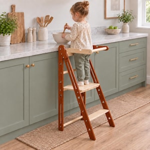 May include: A wooden learning tower with a dark brown frame and light natural wood steps. The structure features a safety rail at the top and a platform for standing, designed to assist with kitchen activities at counter height.