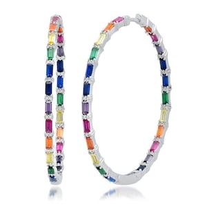 Hoop Earrings, 2&quot; Multi-Color Baguette+Round Signity CZ Sterling Silver Inside Outside Hoop Earrings,Hoop Earrings,Modern