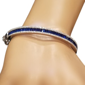 Sterling Silver Eternity Bangle: Blue Sapphire & Clear CZ Oval Bracelet