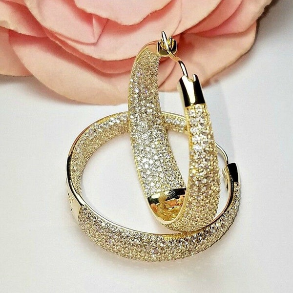 Pave Clear VVS1 D Color Diamond CZ Hoop Earrings InsideOutside CZ Sterling Silver Celebrity Alert Wide Hoops 10 By 37m Travel Jewelry Trendy