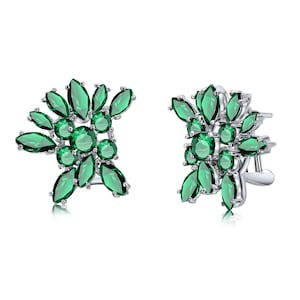 Emerald Green CZ Sterling Silver Cluster Earrings: Marquise & Round Cut