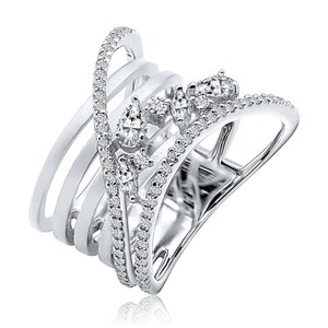 Anello a fascia incrociata in argento sterling: pavé di zirconi cubici, lucidatura elevata
