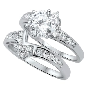 Engagement Eternity Rings-2.75 CT Round CZ Sterling Silver Engagement With V Chevron Eternity Band Ring Set -Bridal-Wedding Modern Trendy