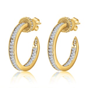Brilliant VVS1 D Color Diamond CZ Channel Set Baguette Sterling Silver Inside Outside Eternity Nail Head Hoop Earrings-