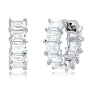 Prong Set Radiant Emerald Cut VVS1 D Color Diamond CZ Black Rose Yellow-Sterling Silver All Around Wide Eternity Huggie Hoop Earrings