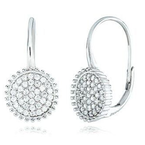 Hoop Earrings-Pave Disk VVVS1 D Color CZ Sterling Silver Hoop Lever back Earrings- Modern Instyle Glitzy Jewelry