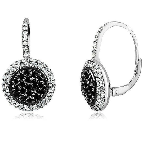 Hoop Earrings-Sterling Silver VVS1 D Color Pave CZ Black Spinel & Clear Round Disk Halo Hoop Lever Earrings- Modern Instyle 925