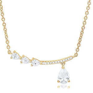 Pave + Pear VVS1 D Color Diamond CZ Smile Bar With A Pear Hanging Charm Curved Bar Pendant Necklace Anniversary Trendy