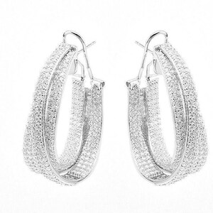 May include: A pair of silver hoop earrings with a double row of sparkling cubic zirconia stones.