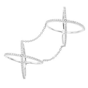 Sterling Silver CZ Criss Cross Knuckle Ring: Connected Chain, Long Ring (57mm)
