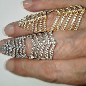 Sterling Silver CZ Full Finger Ring: Art Deco Feather Knuckle Ring