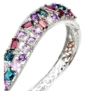 103.CTW Front Set Genuine Mixed Gemstone Sterling Silver Wide Bangle Bracelet -SS/925 Vermeil Plating 24mm