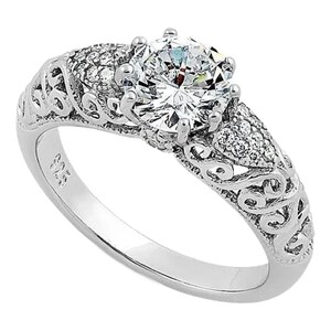 2ctw Round CZ With Vintage Filigree Domed Pave Sides Sterling Silver Engagement Ring-Bridal-Wedding Modern