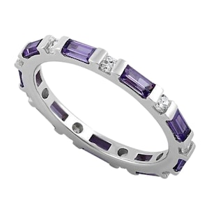 Eternity Rings Channel Set Purple Amethyst Baguette & Round Alternating Clear CZ Sterling Silver Full Eternity Ring-Layered Stack Guard Band