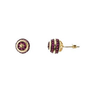 May include: A pair of gold stud earrings with a round design. The earrings are set with small pink gemstones.