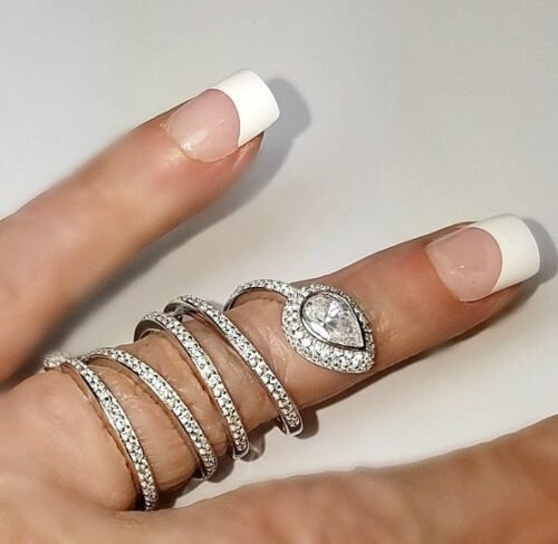 Long Ring-Elite Full Cut VVS CZ Full Finger ArtDeco Black Rose Yellow Or Sterling Silver Spiral Tear Drop Cap Hinged Halo Ring Adj