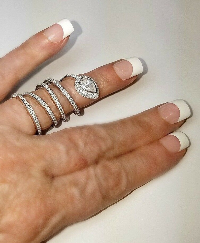 Long Ring-Elite Full Cut VVS CZ Full Finger ArtDeco Black Rose Yellow Or Sterling Silver Spiral Tear Drop Cap Hinged Halo Ring Adj