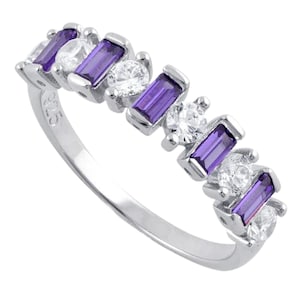 Eternity Ringe-Lila Amethyst Baguette + klare Runde CZ Sterling Silber Hälfte stapelbar Eternity Ring Band Februar Geburtsstein Ring