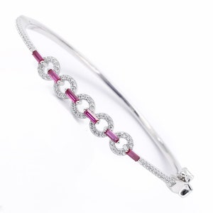 Art Deco Vermeil Sterling Silver Ruby Red Baguette Clear Pave CZ Circle+Link Eternity Oval Bangle Bracelet Small Wrist Layered Stackable