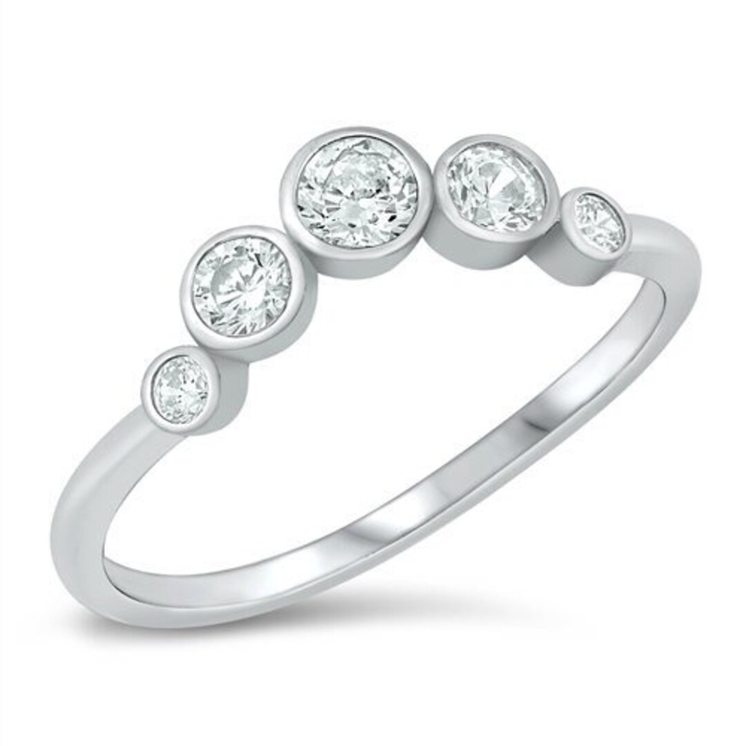 Round Bezel Set 5 Stone Clear CZ Curved U Sterling Silver Engagement