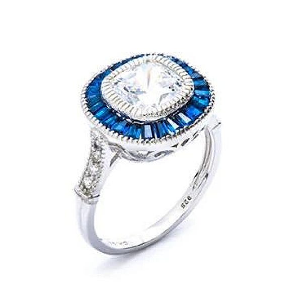 Blue Sapphire Spinel & 5ct Cushion Cut CZ Halo Sterling Silver Engagement Ring 925-Bridal-Wedding Modern