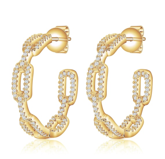 Vermeil Sterling Silver Paperclip Hoop Earrings: CZ Diamond Pave